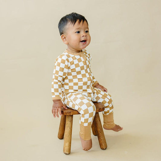 Checkered Bamboo Zippy Romper- Golden Coast