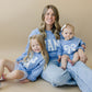 Blue Toile Applique Bow Sweatshirt Romper or Crewneck