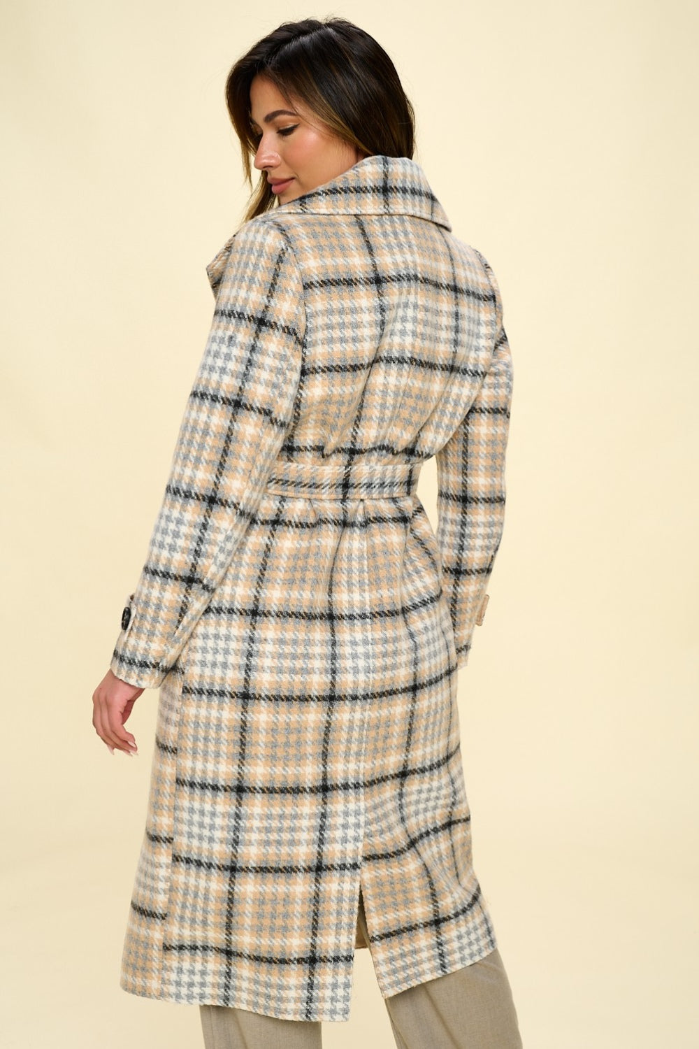 On The Town Double-Breasted Plaid Coat with Belt