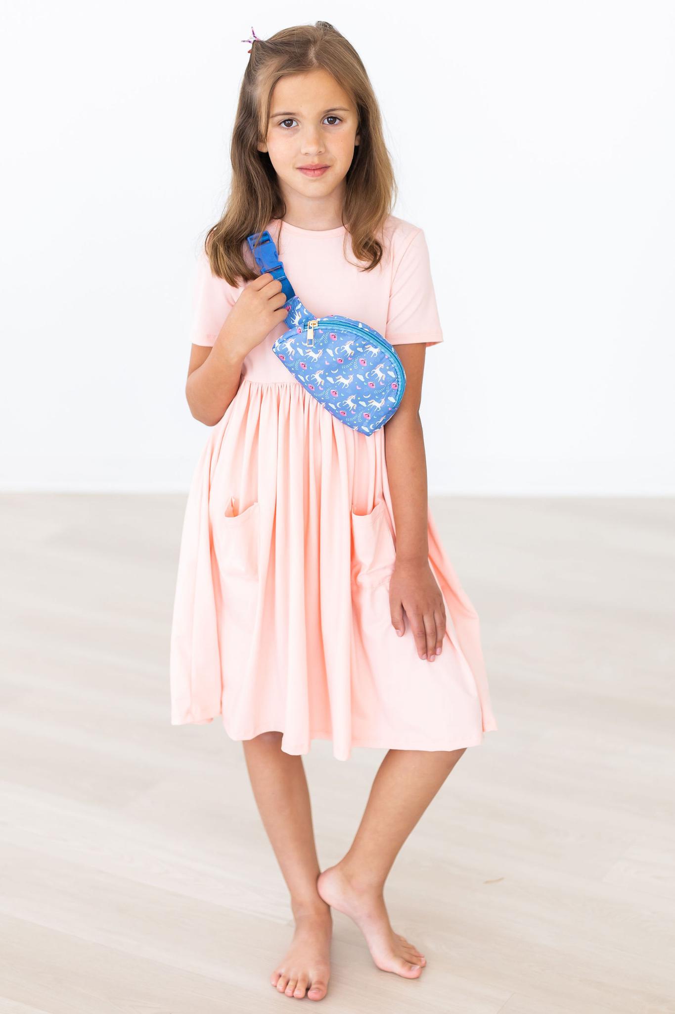 Peach Short Sleeve Pocket Twirl Dress