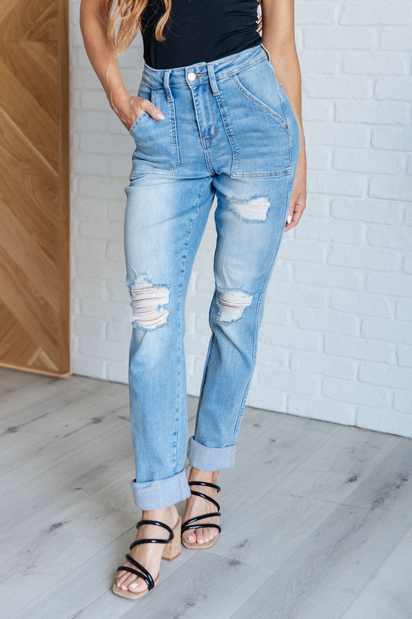 Aiden High Rise Patch Pocket Distressed Boyfriend Jeans - Aubrey Jaymes Boutique#