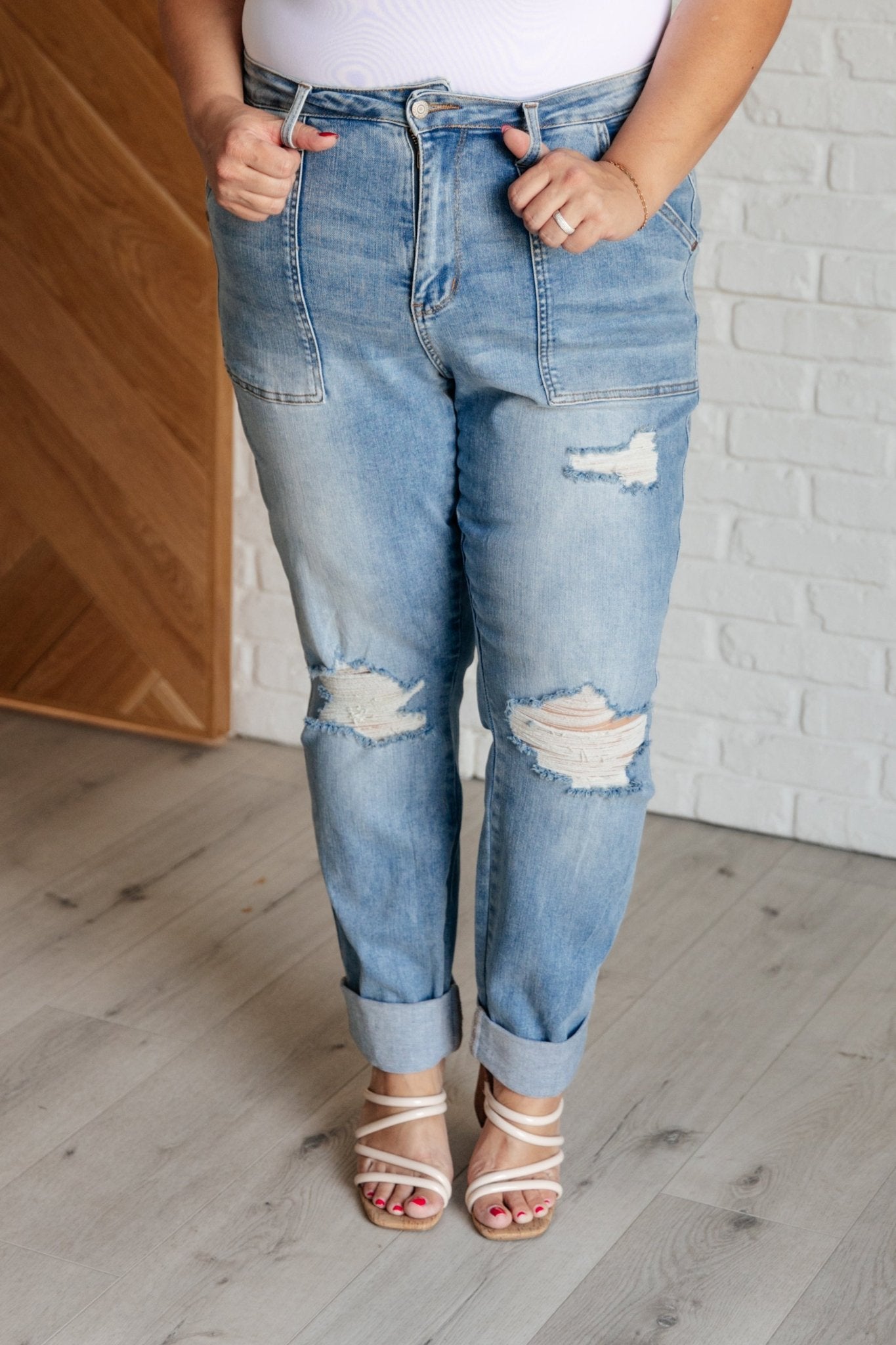 Aiden High Rise Patch Pocket Distressed Boyfriend Jeans - Aubrey Jaymes Boutique#