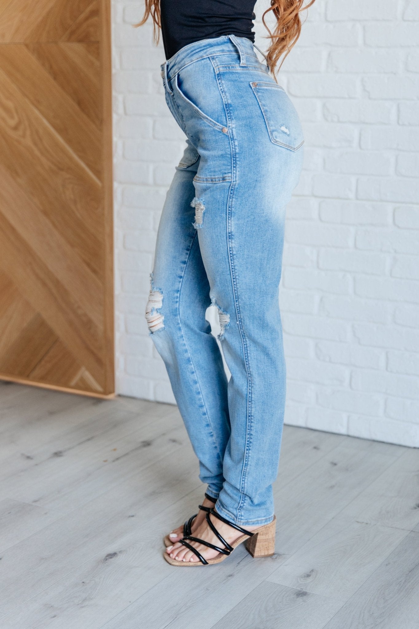 Aiden High Rise Patch Pocket Distressed Boyfriend Jeans - Aubrey Jaymes Boutique#