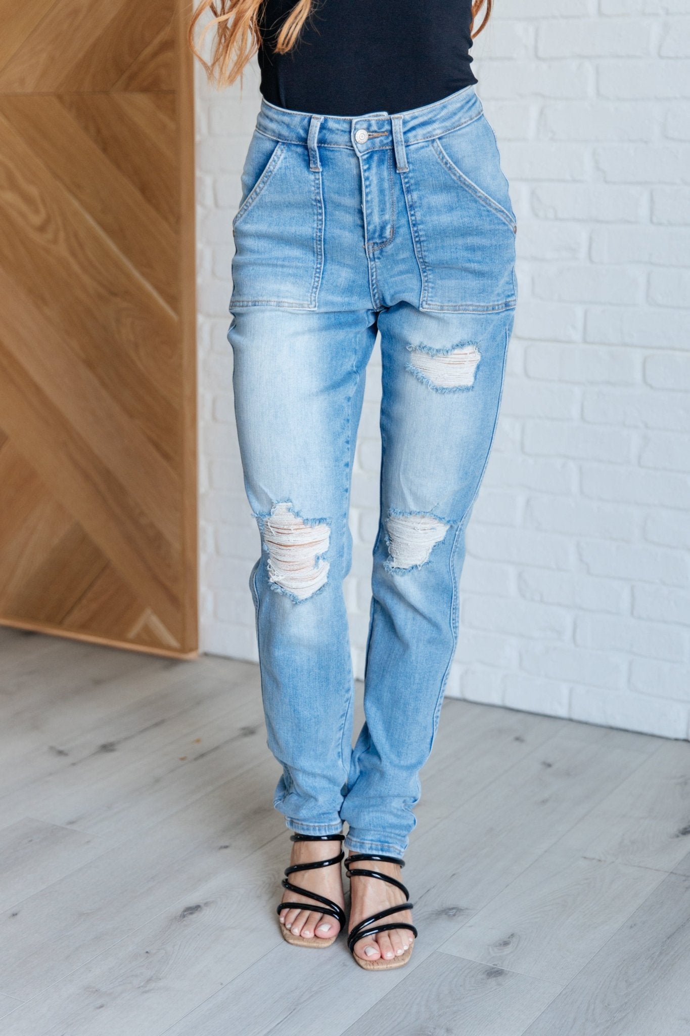 Aiden High Rise Patch Pocket Distressed Boyfriend Jeans - Aubrey Jaymes Boutique#