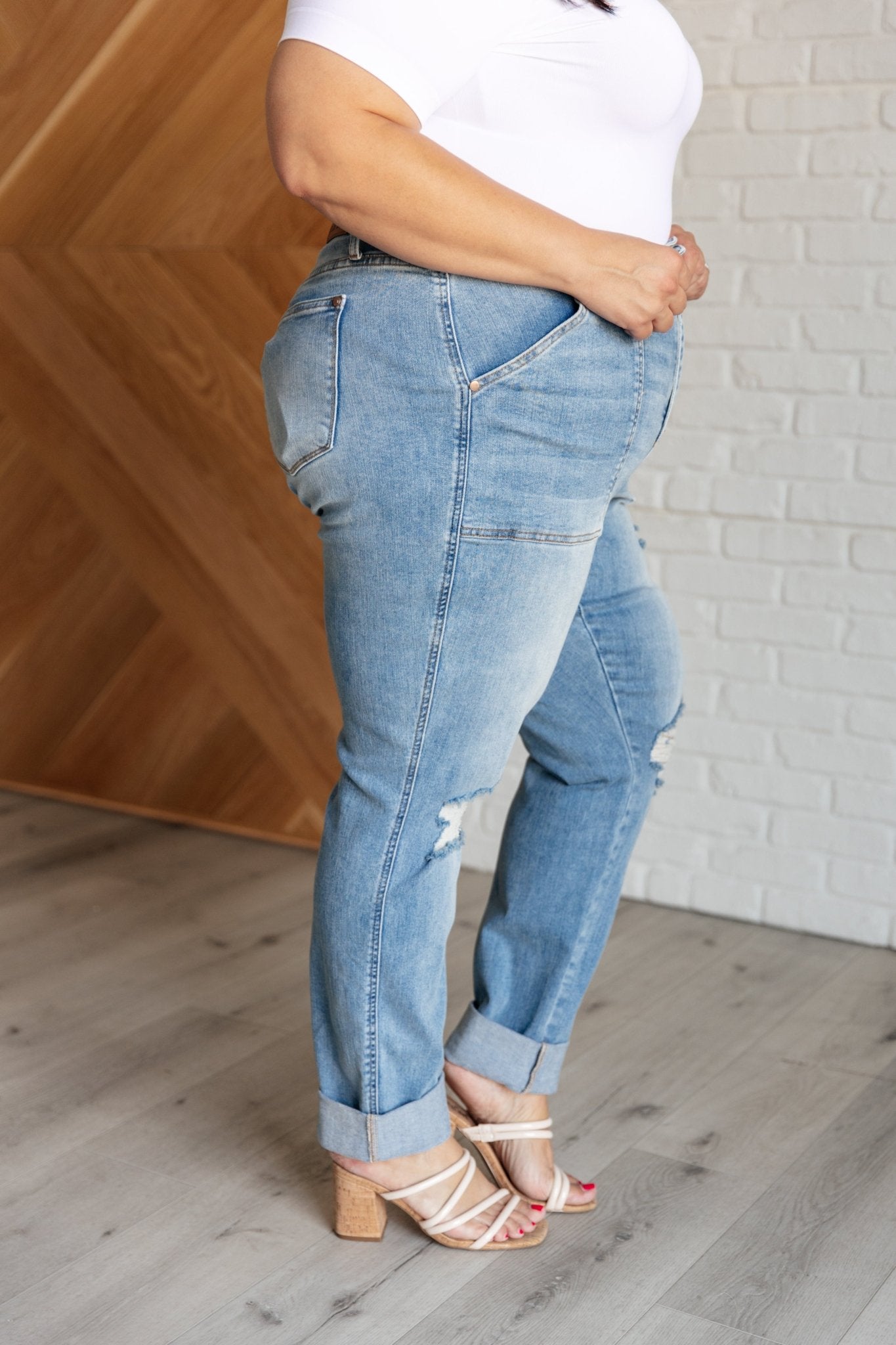 Aiden High Rise Patch Pocket Distressed Boyfriend Jeans - Aubrey Jaymes Boutique#