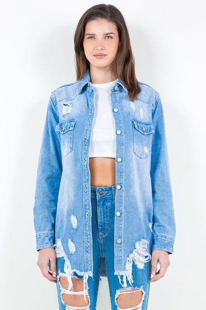 American Honey Distressed Denim Shacket - Aubrey Jaymes Boutique#