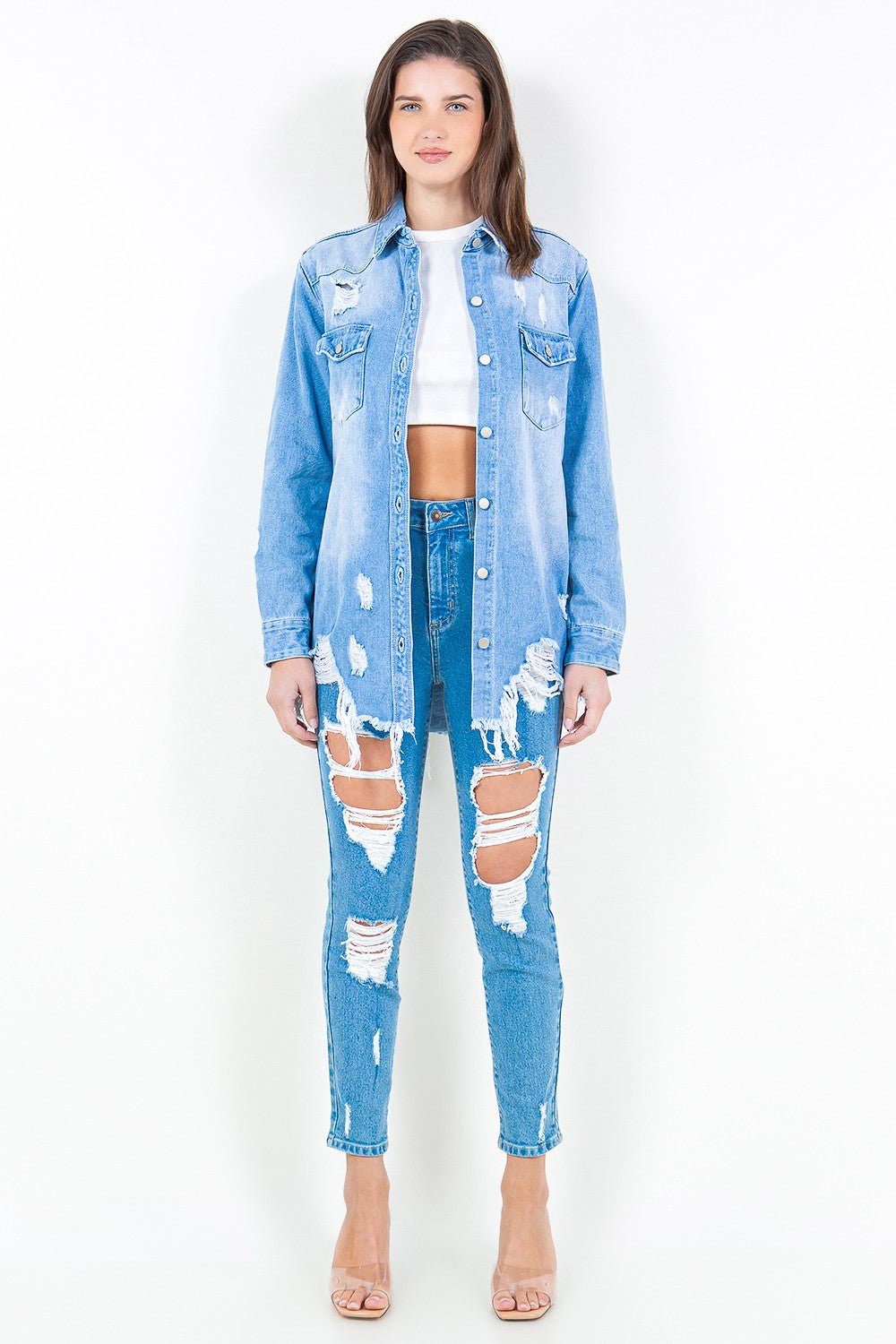 American Honey Distressed Denim Shacket - Aubrey Jaymes Boutique#