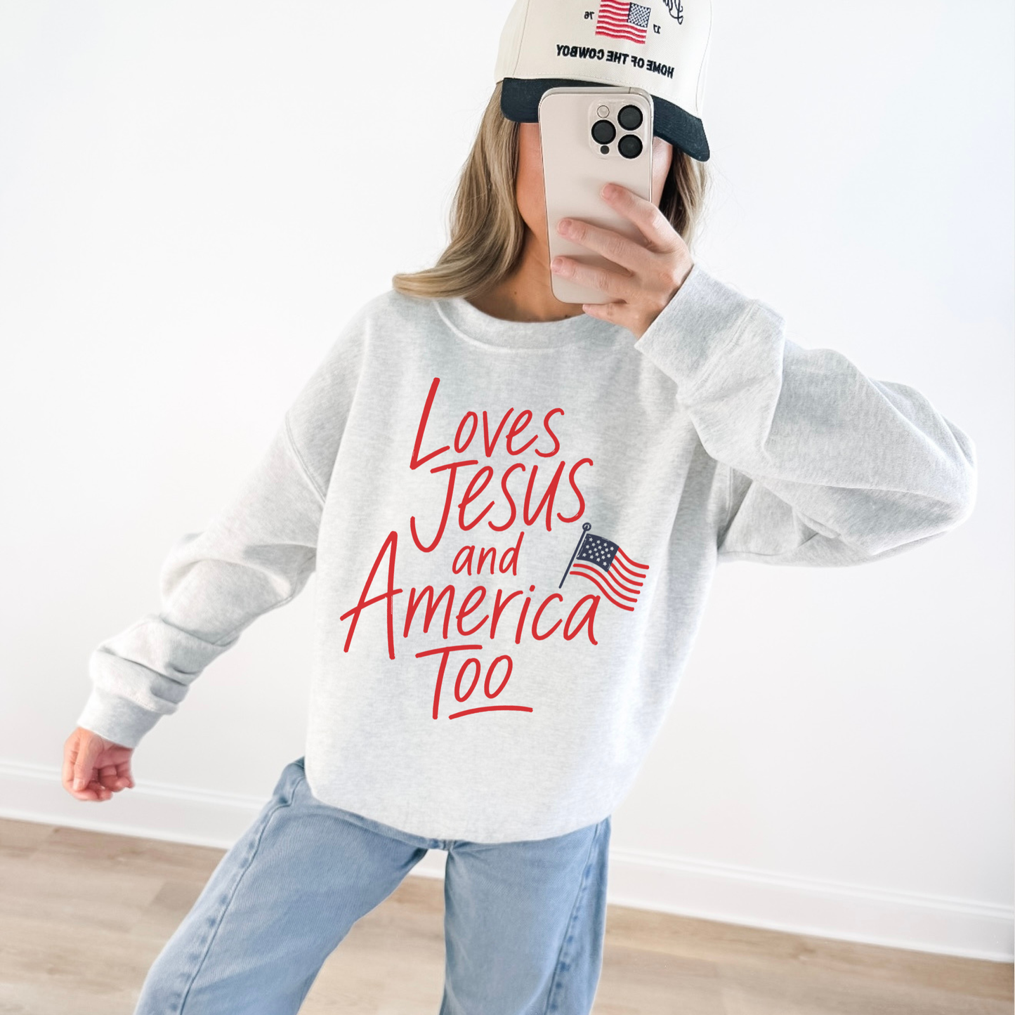 Loves Jesus and America Too Patriotic Sweatshirt- 2 Color Options