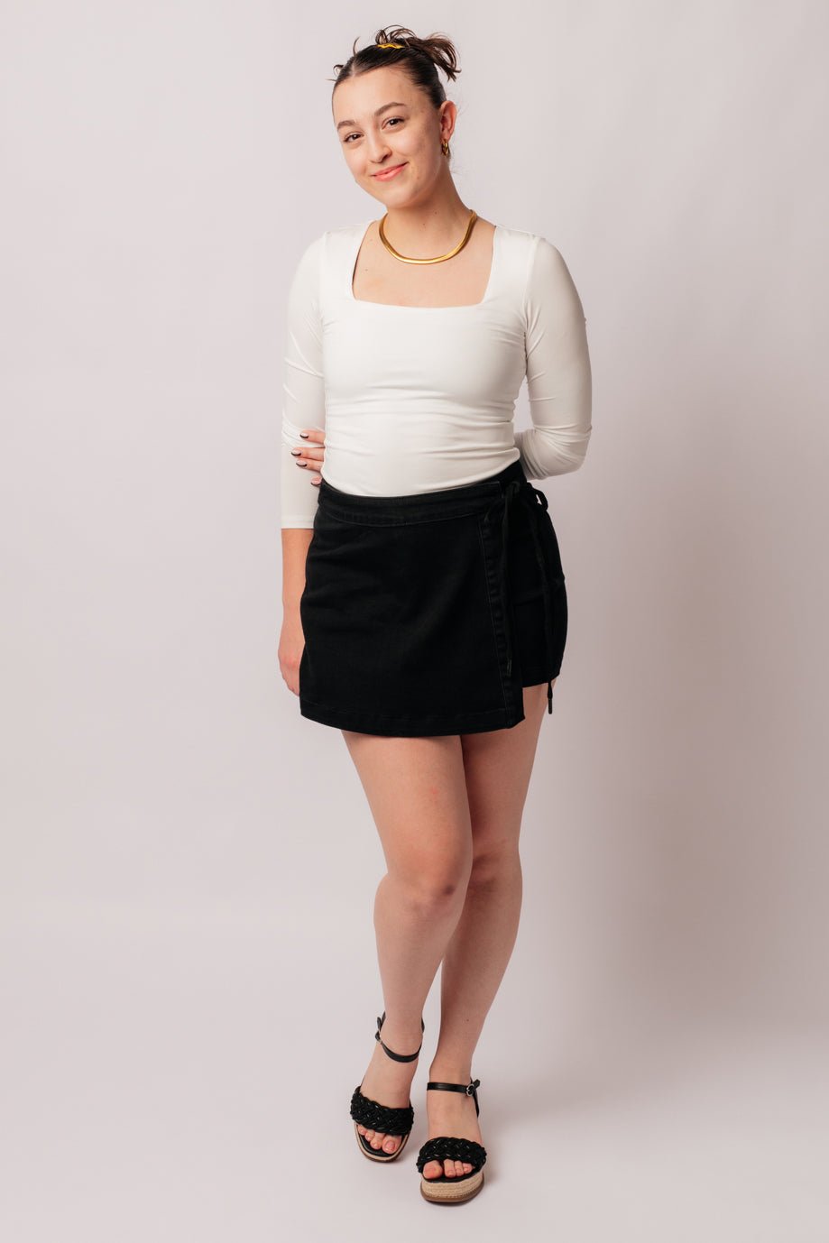 Bentli High Rise Side Tie Denim Skort in Black - Aubrey Jaymes Boutique#