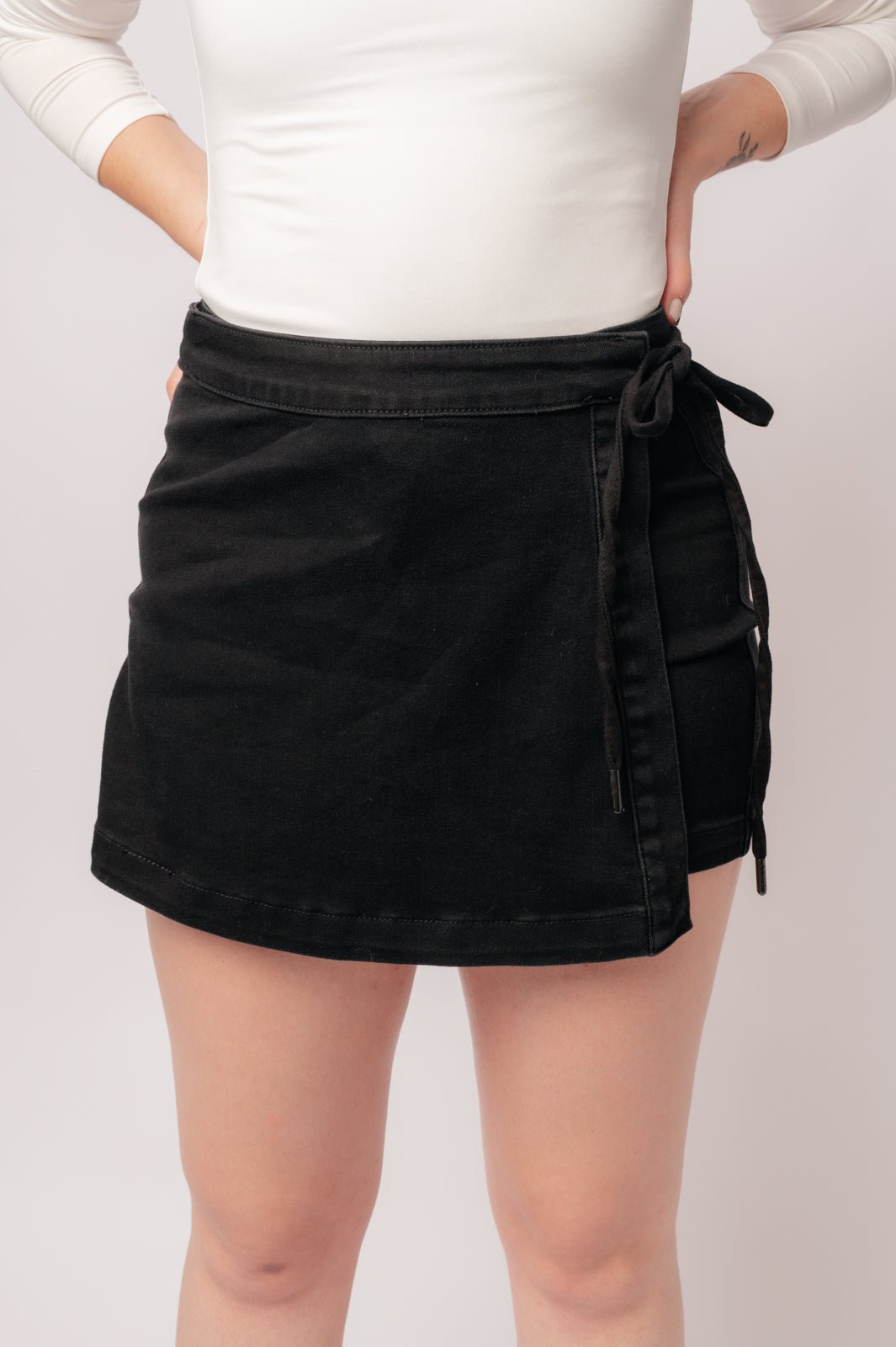 Bentli High Rise Side Tie Denim Skort in Black - Aubrey Jaymes Boutique#