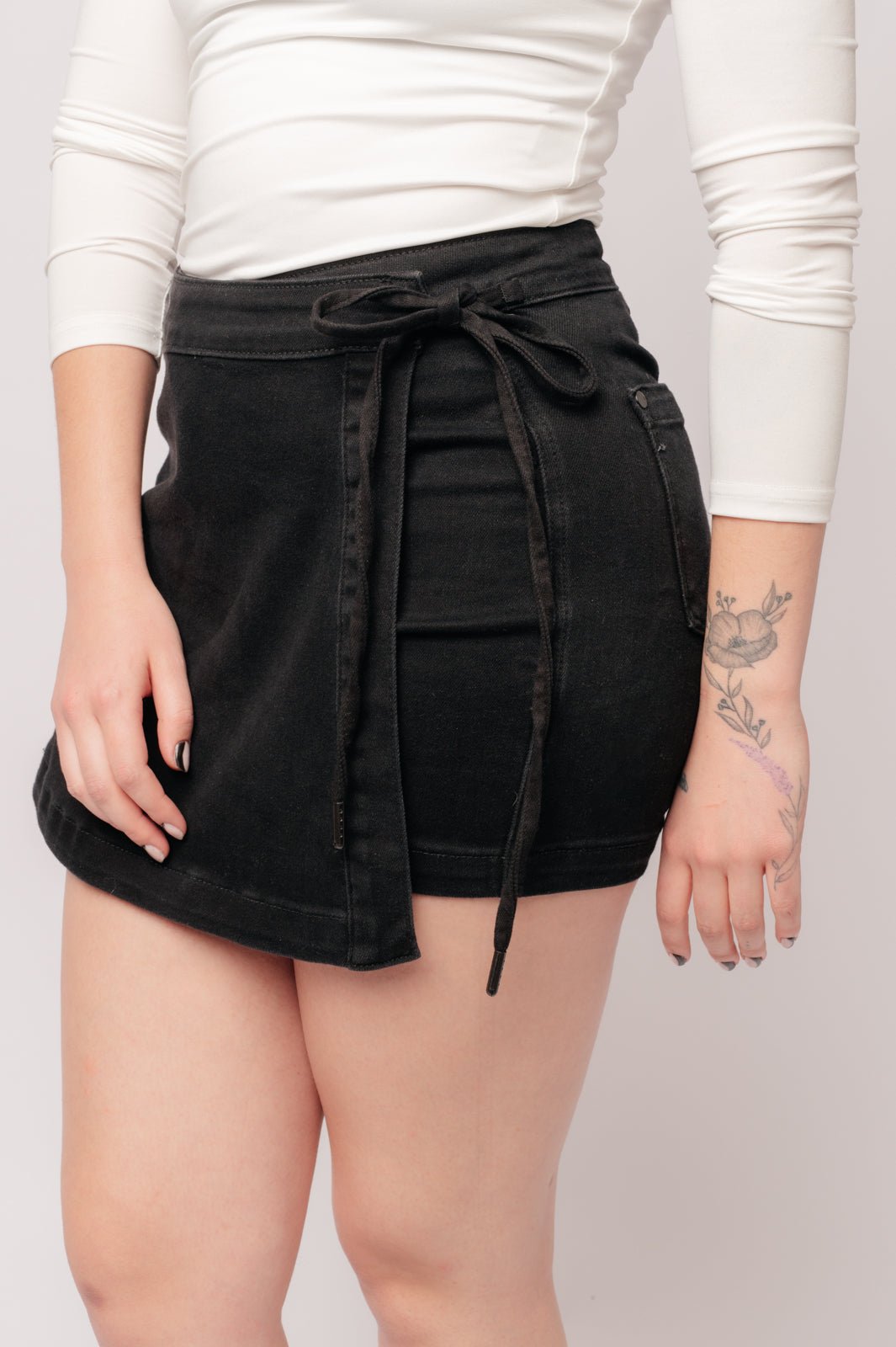 Bentli High Rise Side Tie Denim Skort in Black - Aubrey Jaymes Boutique#