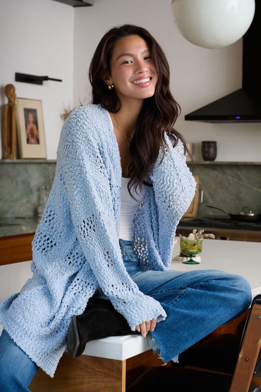 Blue Open Front Popcorn Kit Cardigan