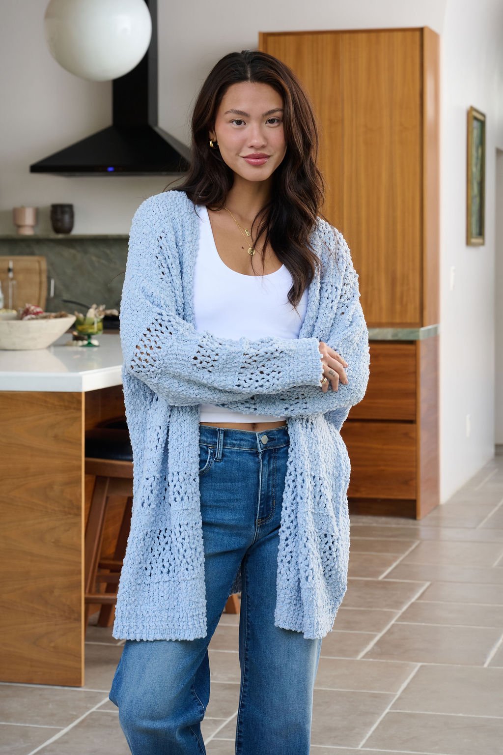 Blue Open Front Popcorn Kit Cardigan