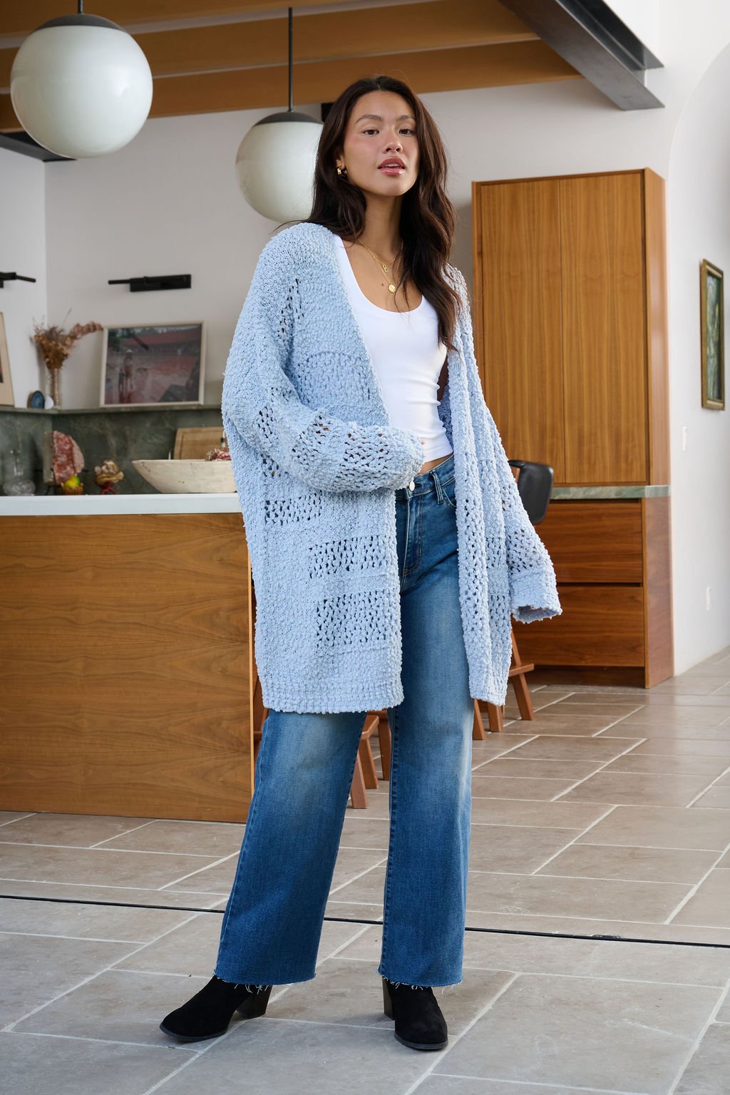Blue Open Front Popcorn Kit Cardigan
