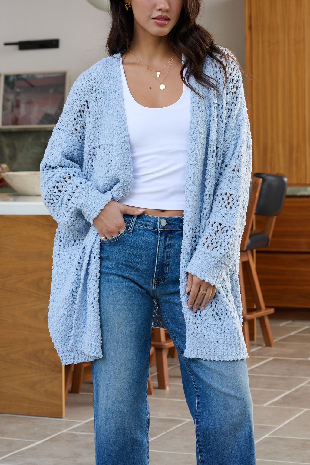 Blue Open Front Popcorn Kit Cardigan