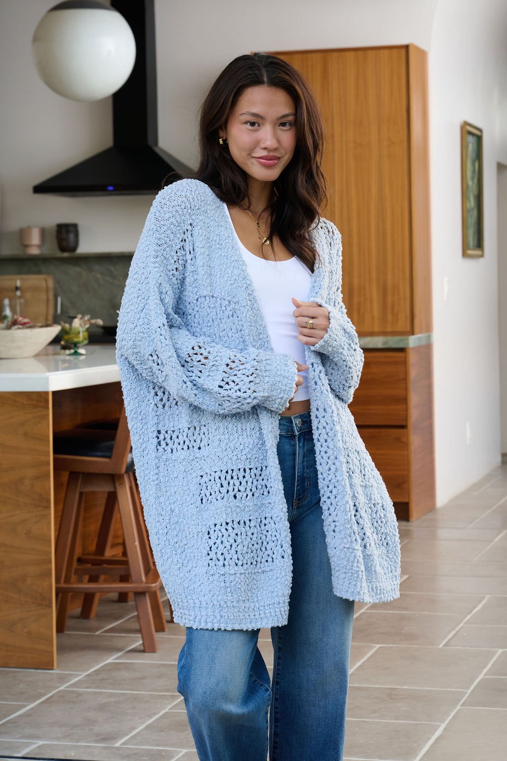 Blue Open Front Popcorn Kit Cardigan