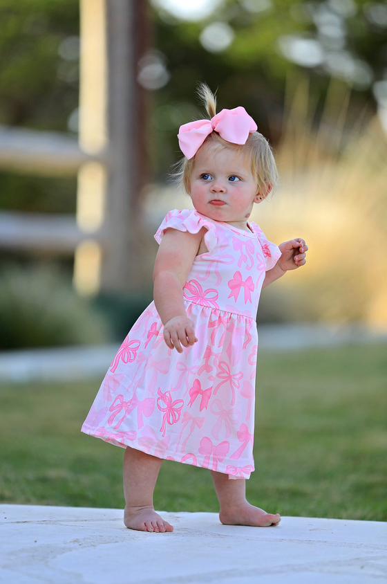 Bow Print Flutter Sleeve Girls Dress