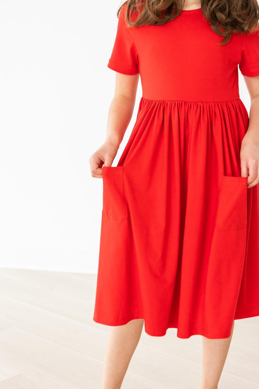 Red Short Sleeve Pocket Twirl Dress