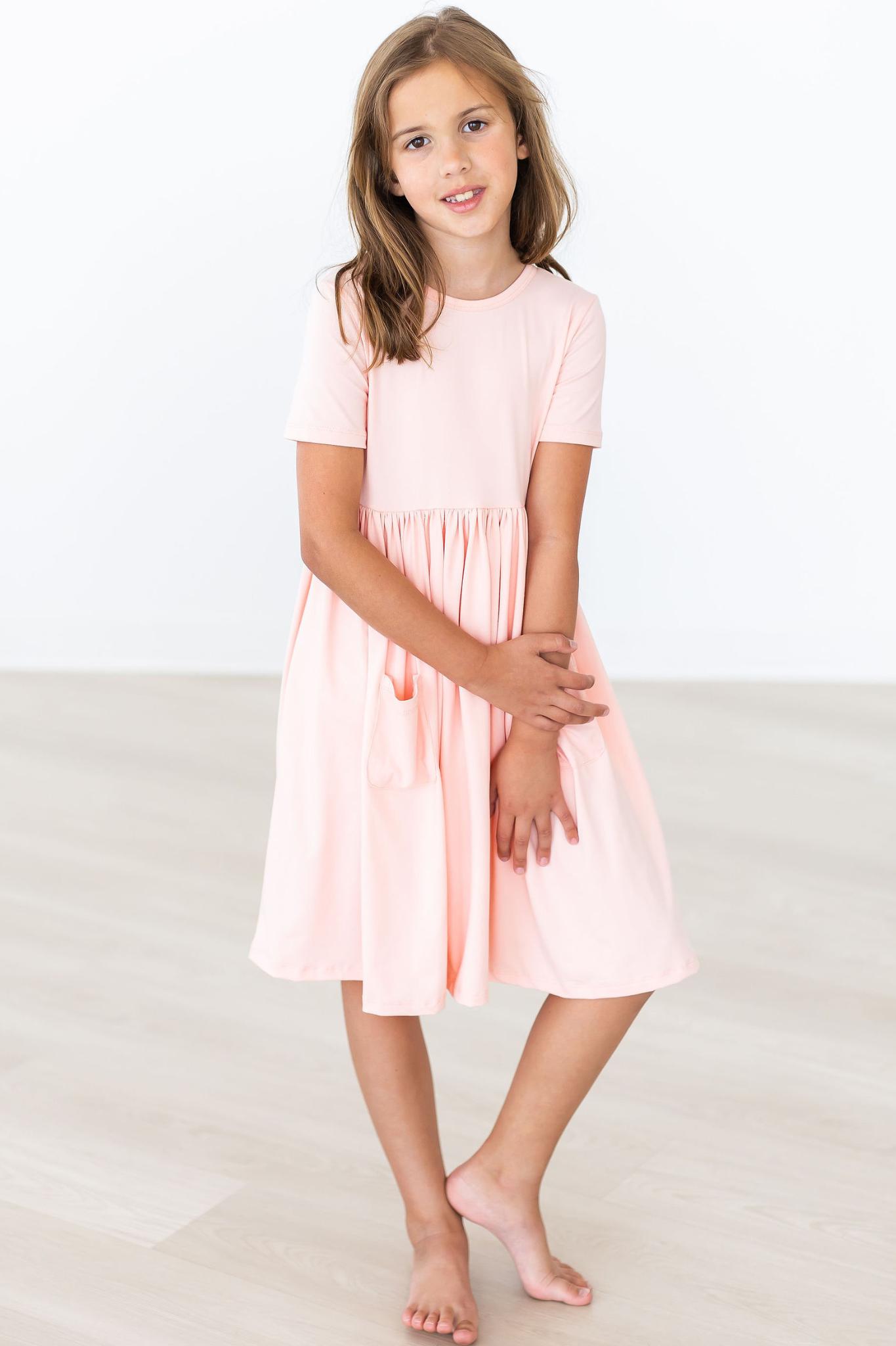 Peach Short Sleeve Pocket Twirl Dress