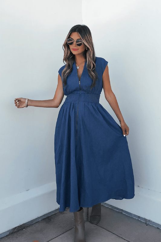 Denim Smocked Zip Up Midi Dress - FINAL SALE