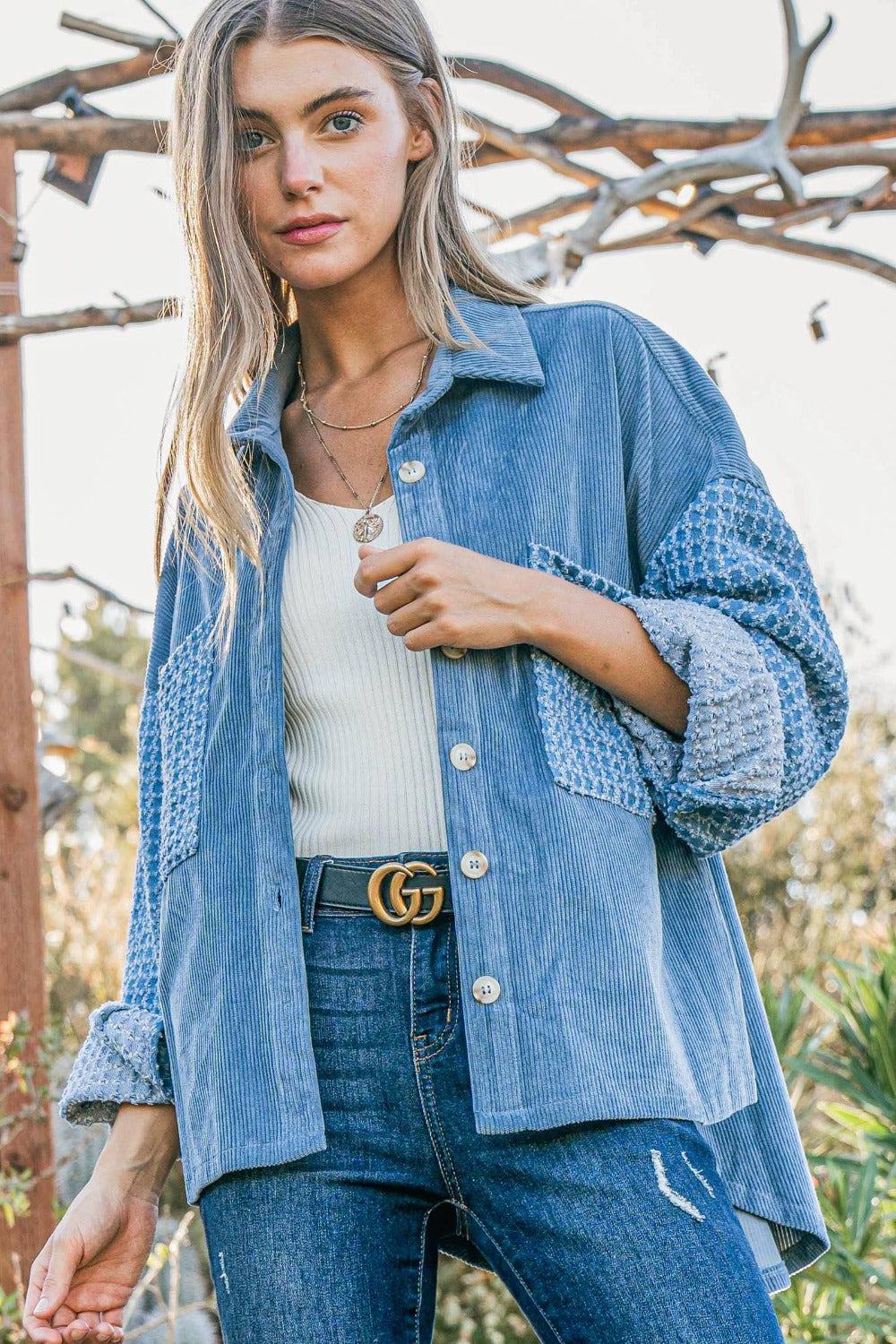 Summertime Blues Button Down Corduroy Contrast Texture Long Sleeve Shacket