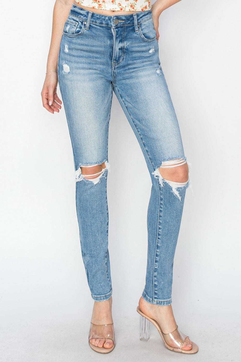 Risen Clara High Rise Knee Distressed Skinny Jeans