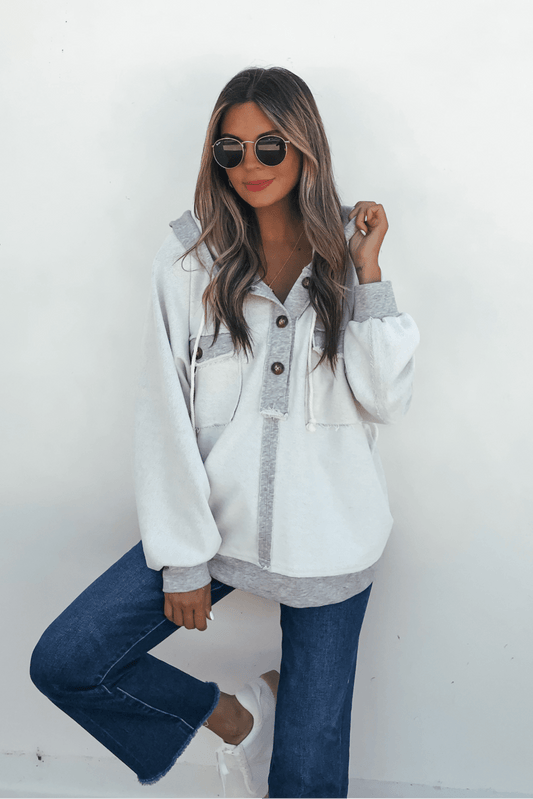 Grey Contrast Half Button Up Hooded Sweatshirt