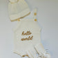 Hello World/Little Sister/Little Brother Embroidered Newborn Romper Set with Booties & Hat/Headband Option