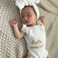 Hello World/Little Sister/Little Brother Embroidered Newborn Romper Set with Booties & Hat/Headband Option