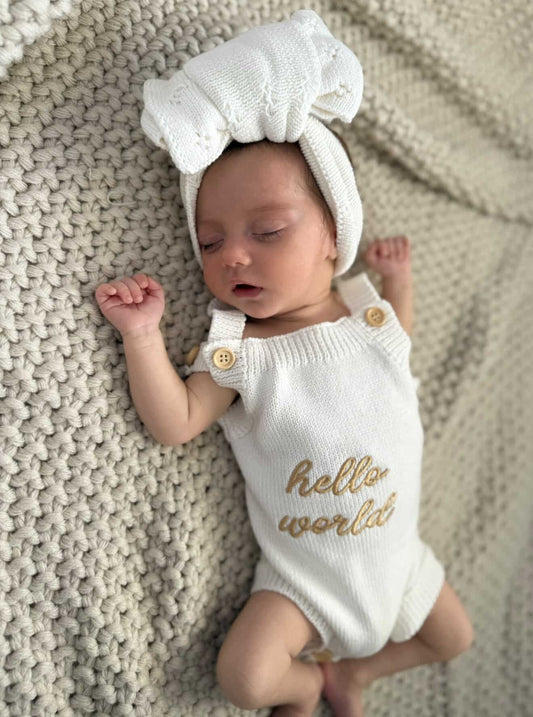 Hello World/Little Sister/Little Brother Embroidered Newborn Romper Set with Booties & Hat/Headband Option