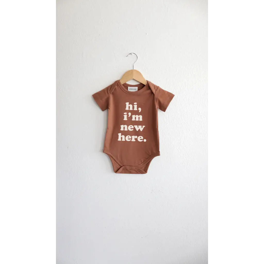 Hi, I'm New Here Baby Onesie in Almond