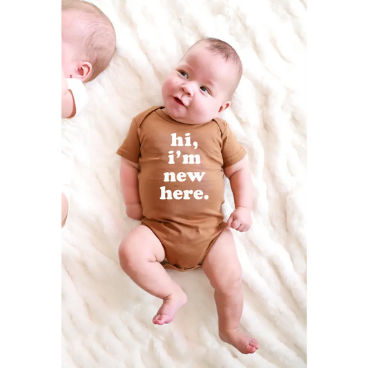 Hi, I'm New Here Baby Onesie in Almond