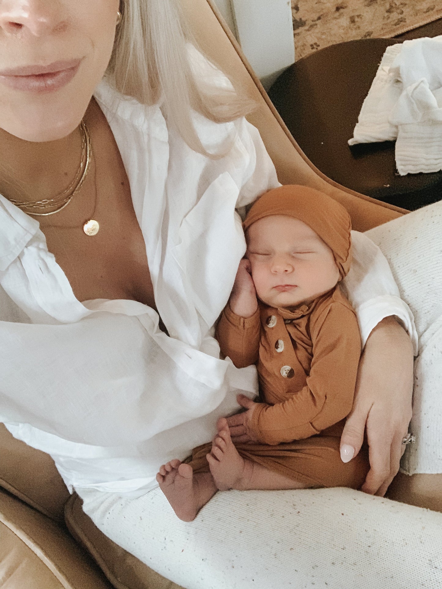 Camel Brown Knotted Baby Gown With Hat/Headband Option (Newborn-3 months)