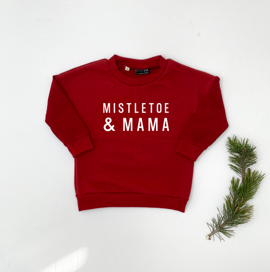 Mistletoe & Mama Child Waffle Sleeve Sweatshirt- Red