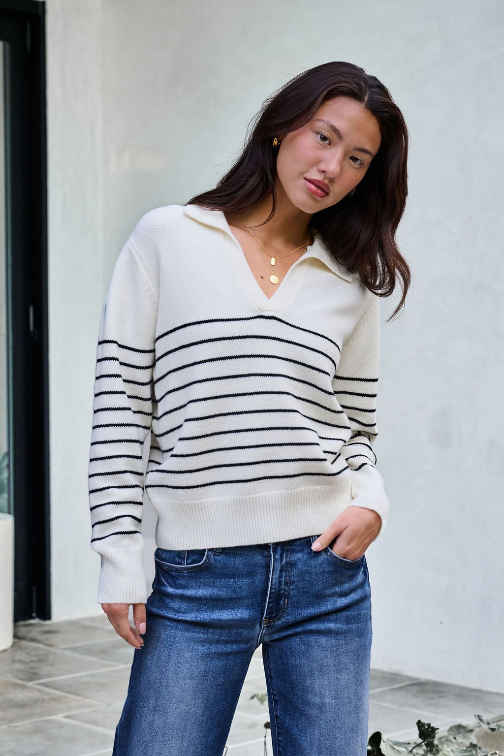 Ivory and Black Stripe Ribbed Sweater