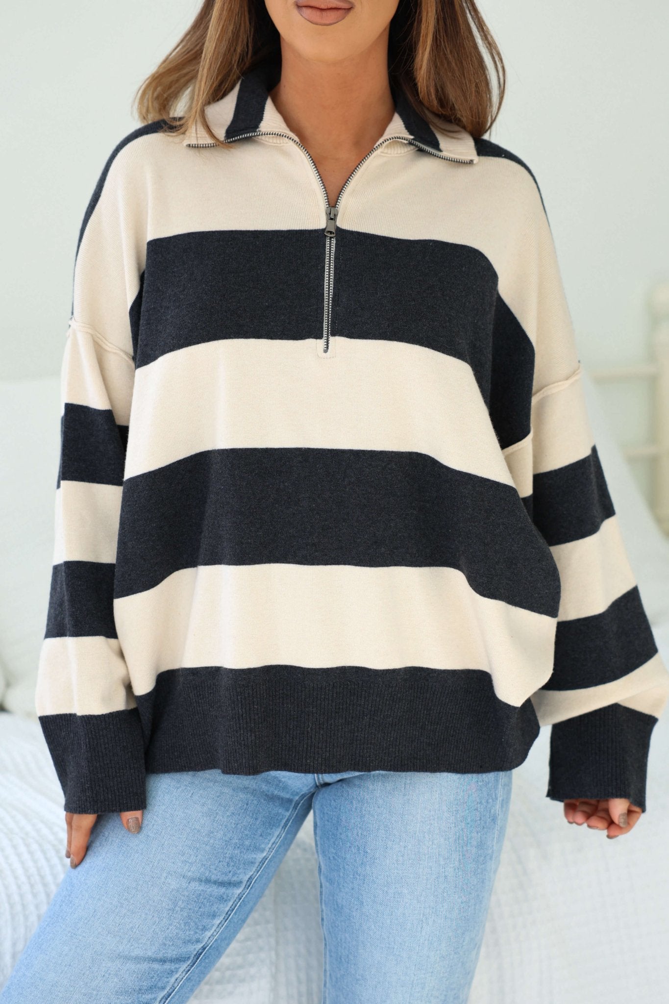 Ivory and Charcoal Varsity Stripe Half Zip Rugby Pullover