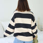Ivory and Charcoal Varsity Stripe Half Zip Rugby Pullover