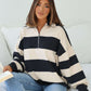 Ivory and Charcoal Varsity Stripe Half Zip Rugby Pullover