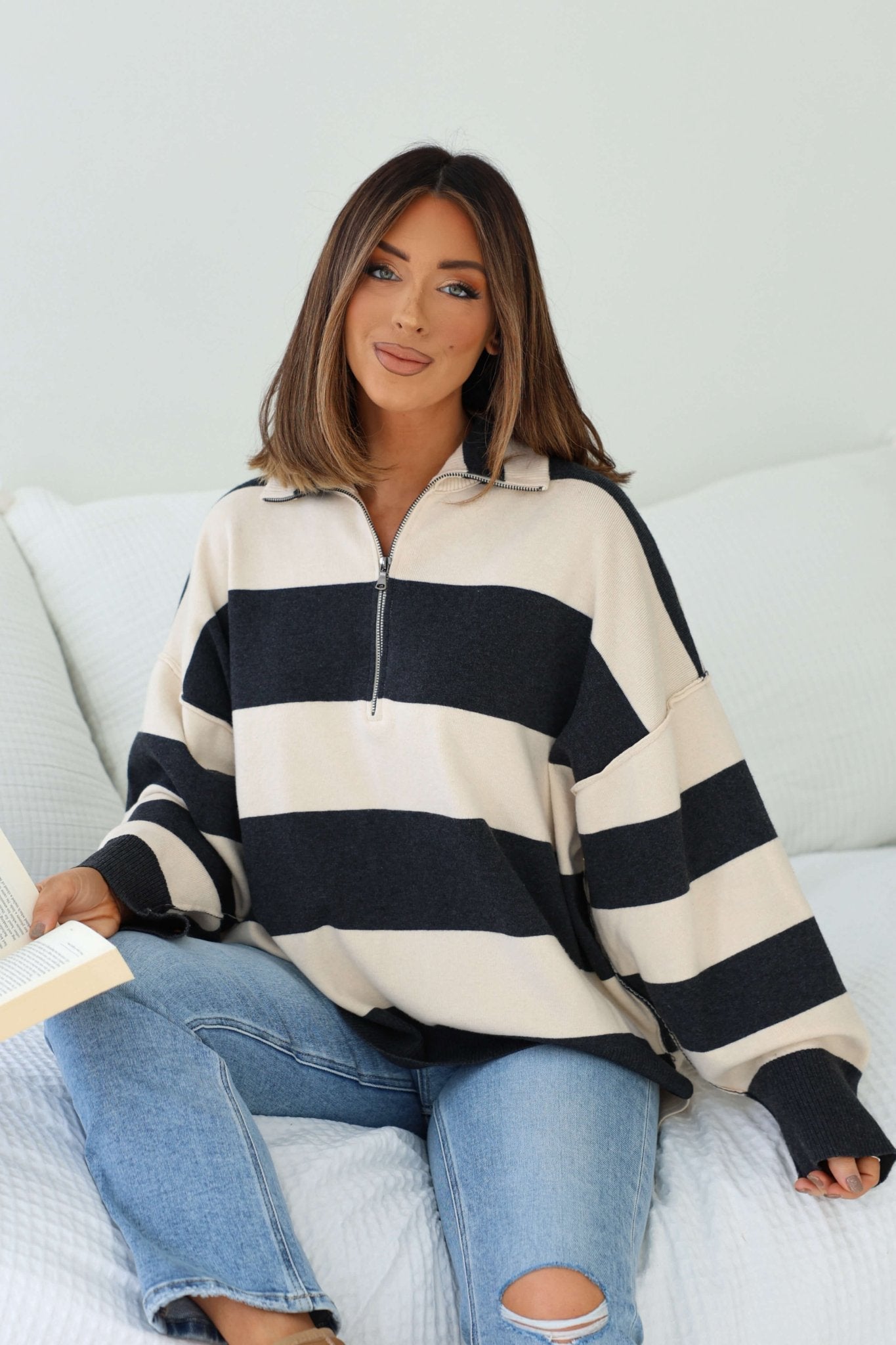 Ivory and Charcoal Varsity Stripe Half Zip Rugby Pullover
