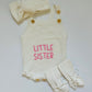 Hello World/Little Sister/Little Brother Embroidered Newborn Romper Set with Booties & Hat/Headband Option