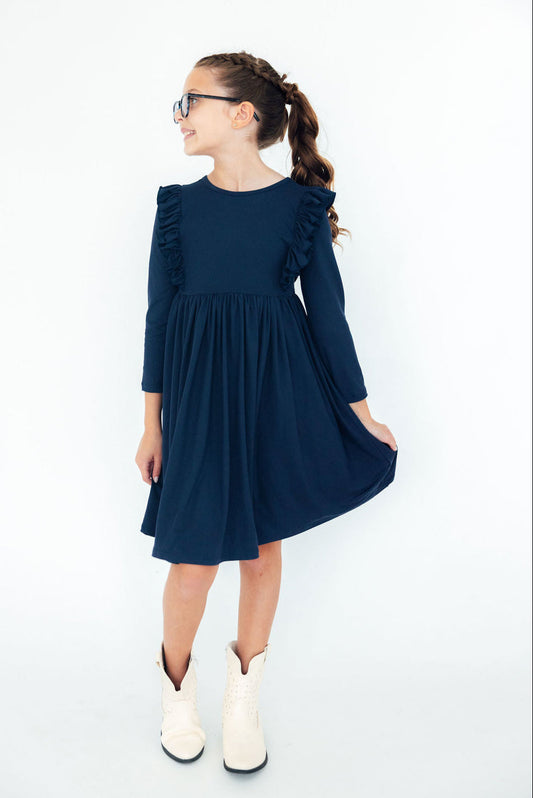 Navy Long Sleeve Ruffle Twirl Dress