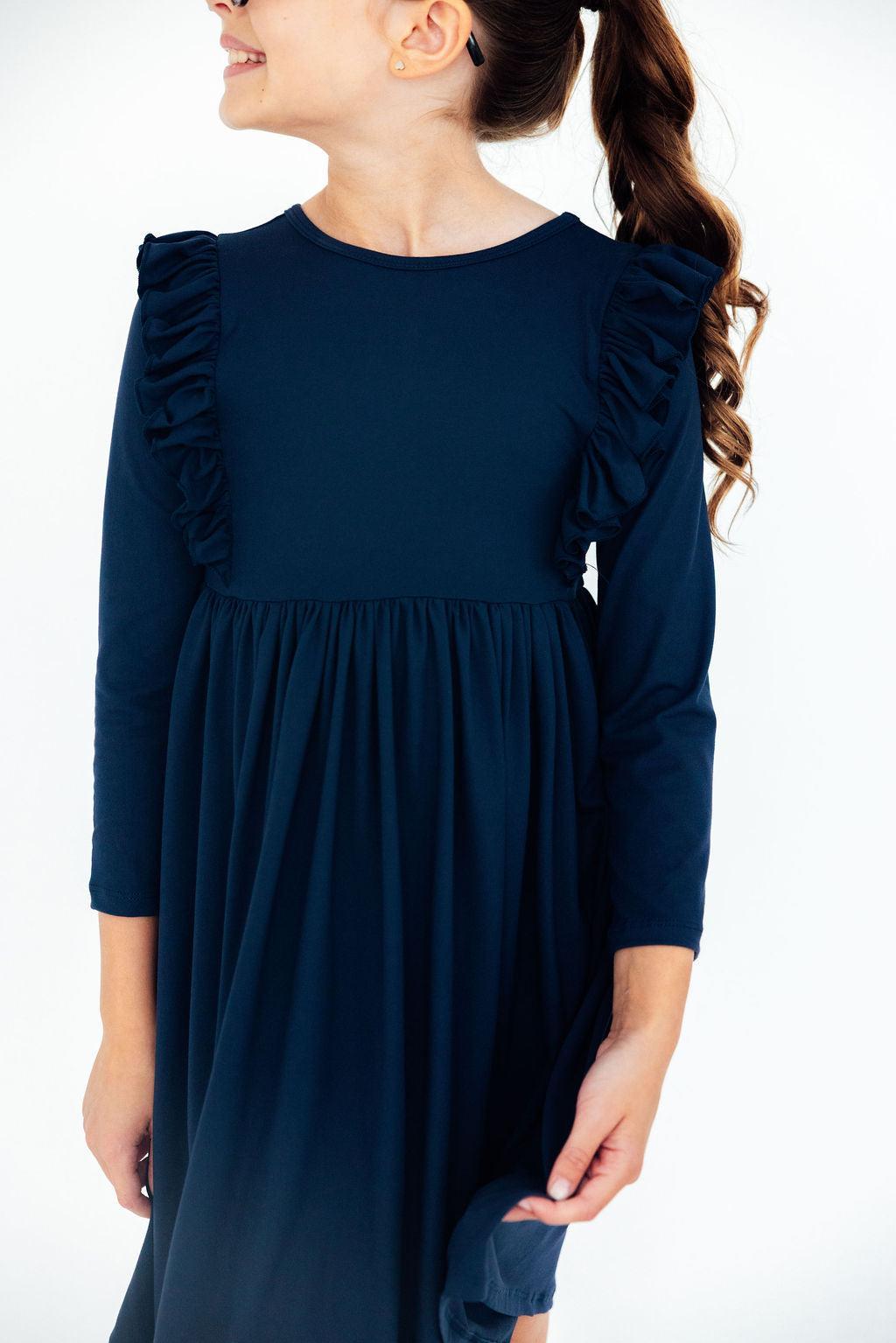 Navy Long Sleeve Ruffle Twirl Dress