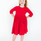 Red 3/4 Sleeve Pocket Twirl Dress