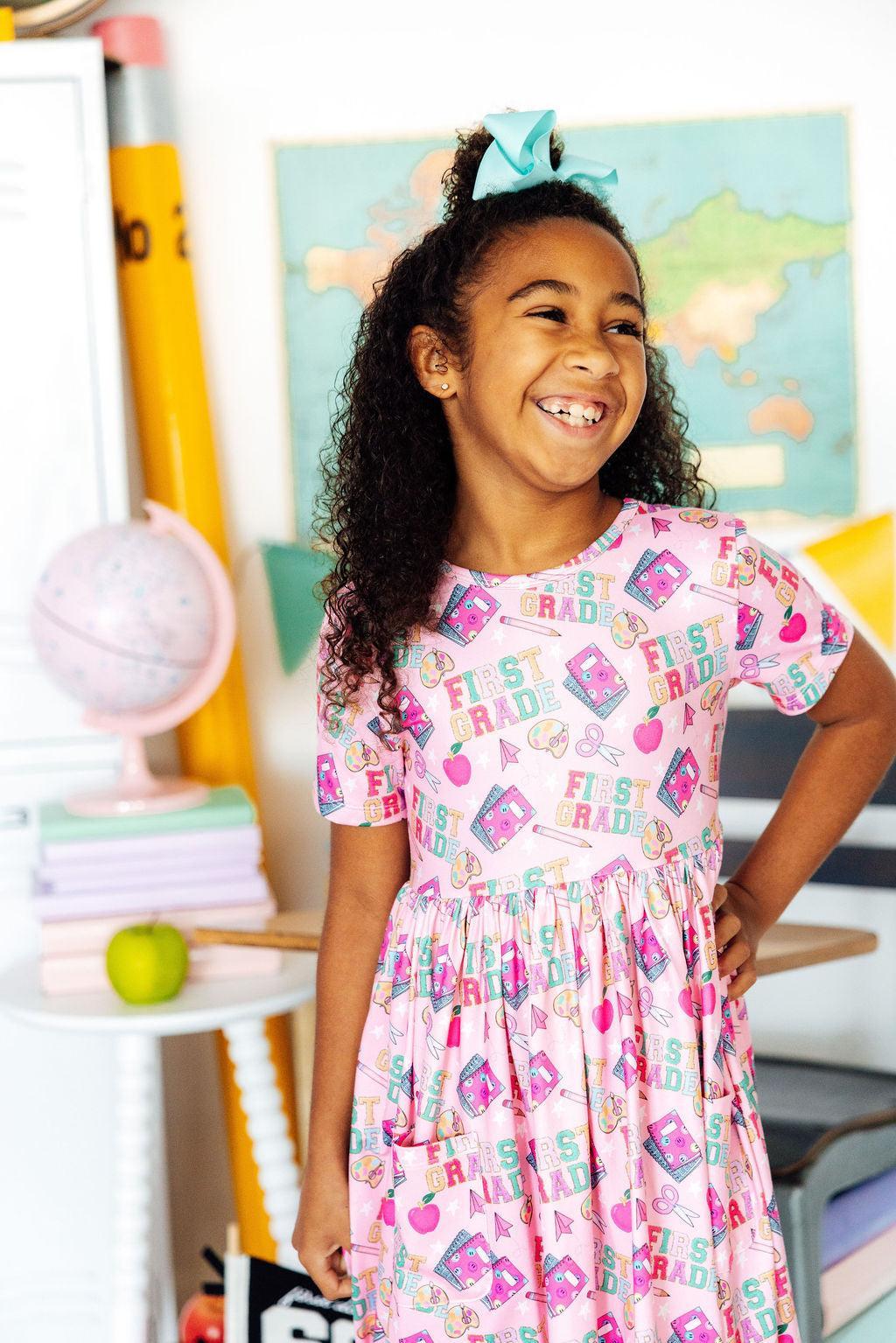 1st Grade Short Sleeve Pocket Twirl Dress