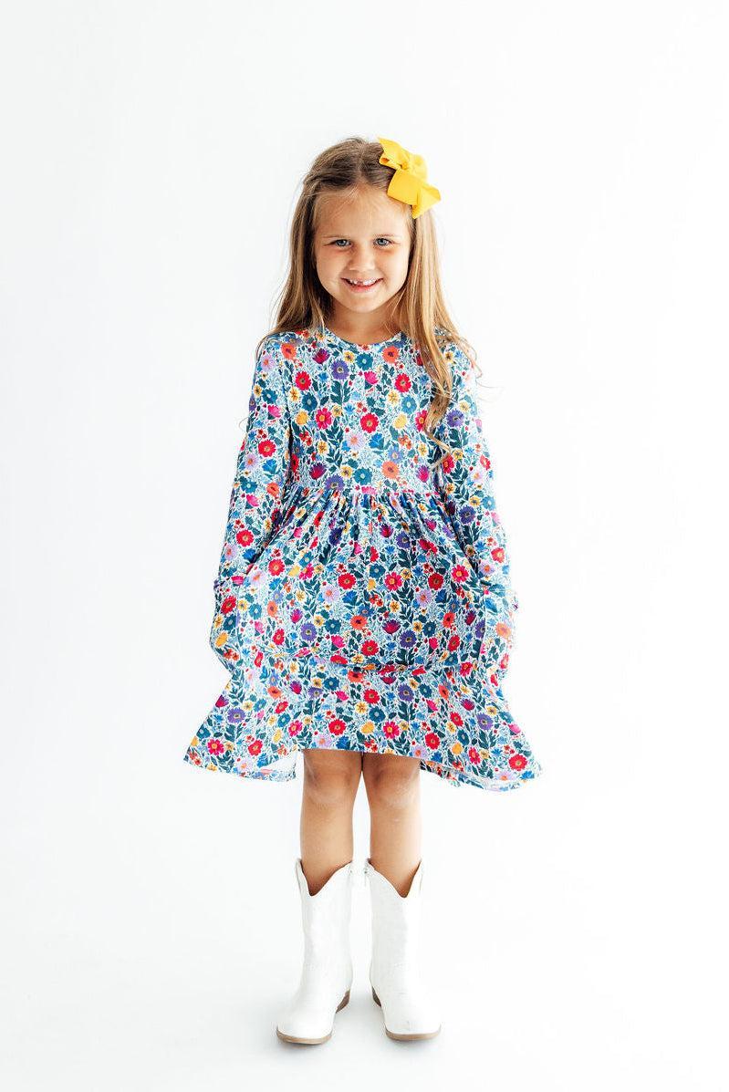 Vintage Floral Long Sleeve Pocket Twirl Dress
