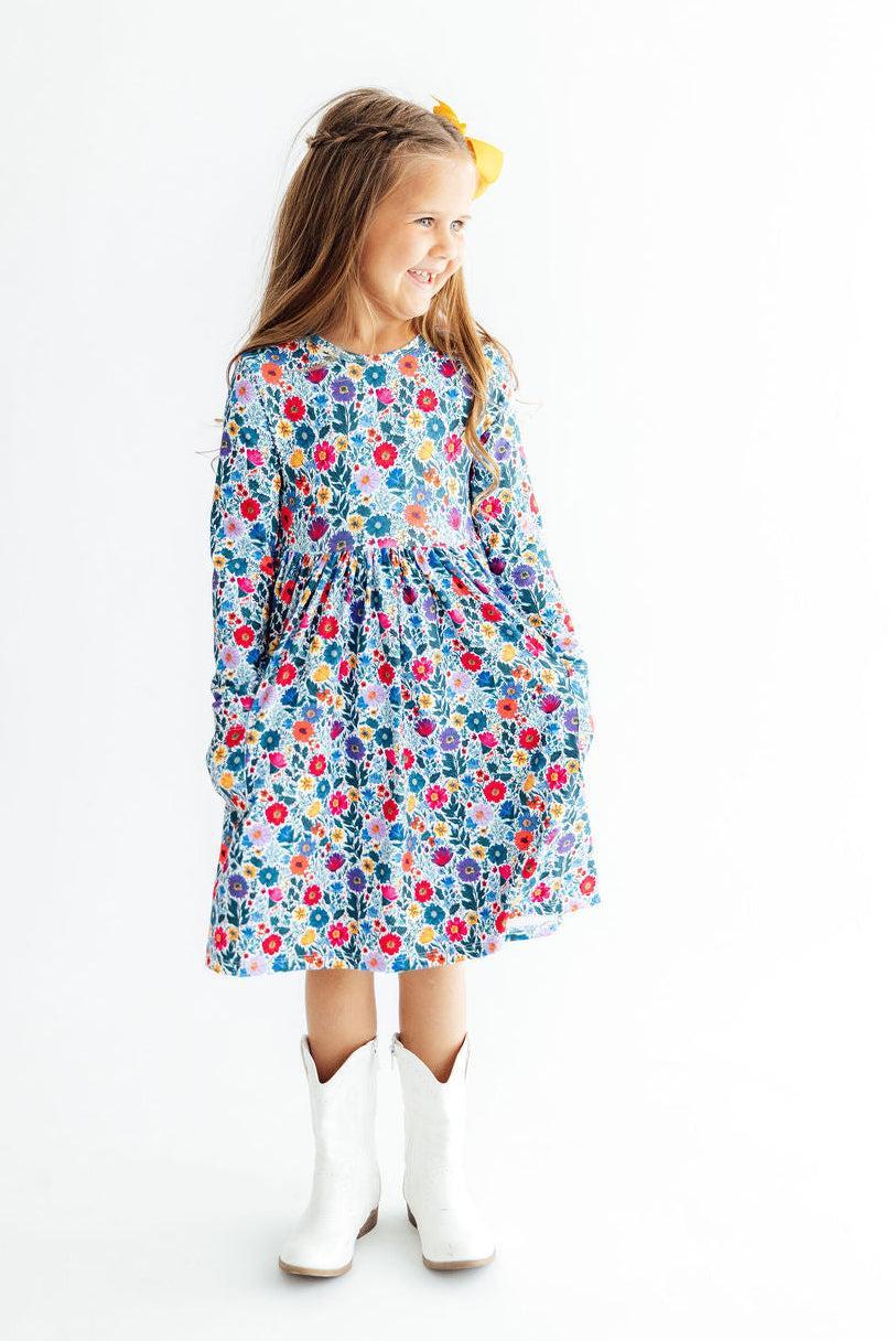 Vintage Floral Long Sleeve Pocket Twirl Dress