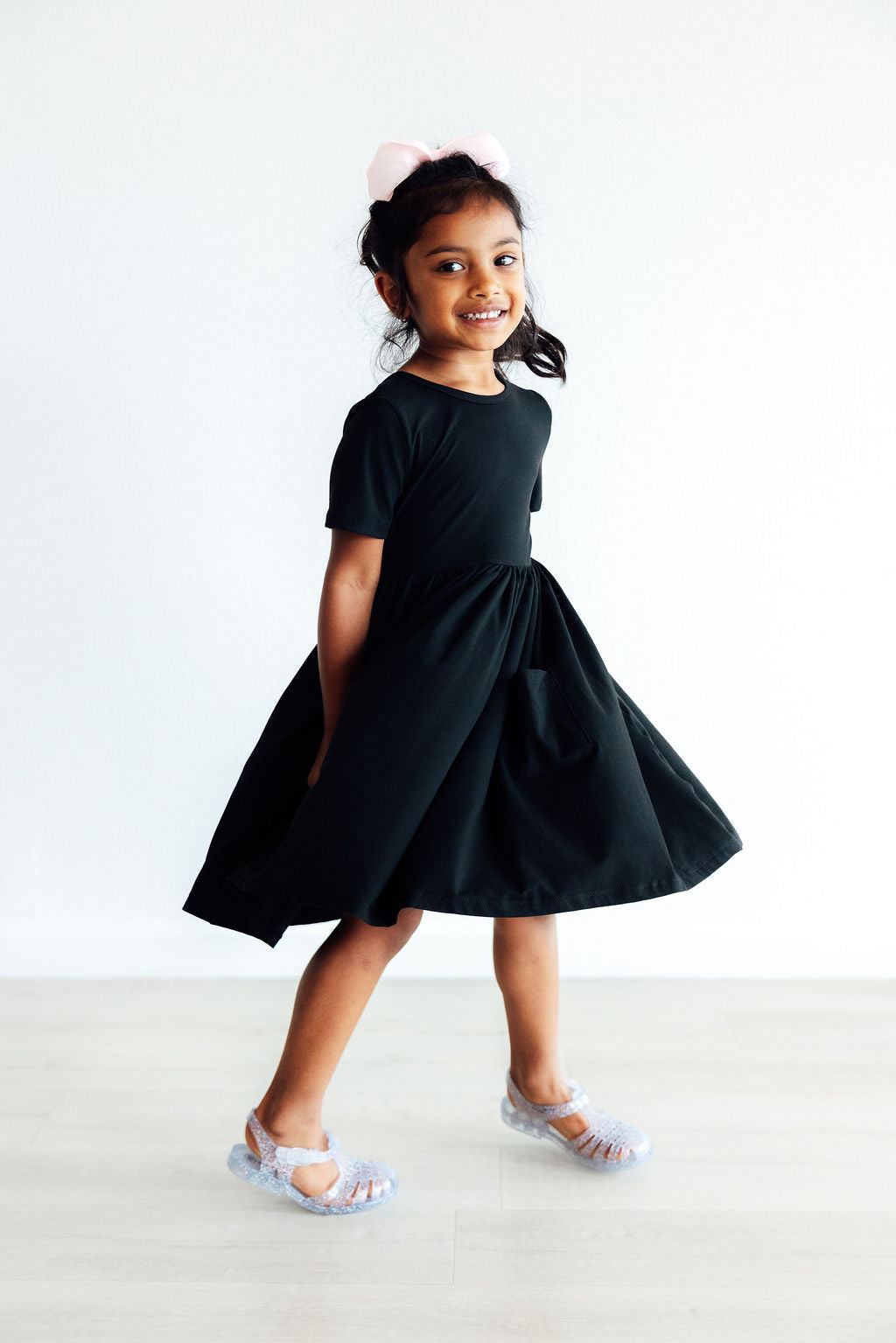 Black Short Sleeve Pocket Twirl Dress