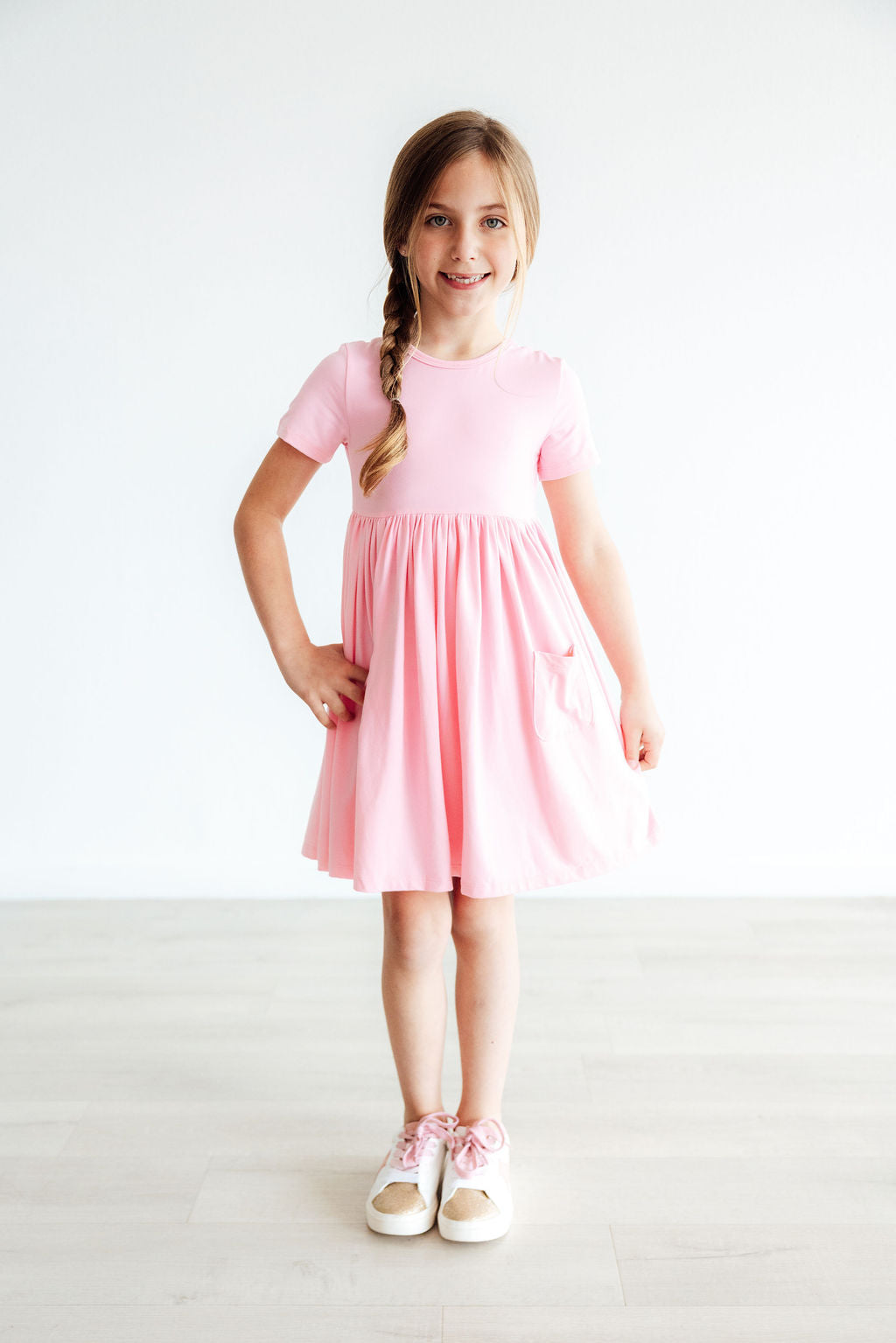Bubblegum Pink Short Sleeve Pocket Twirl Dress