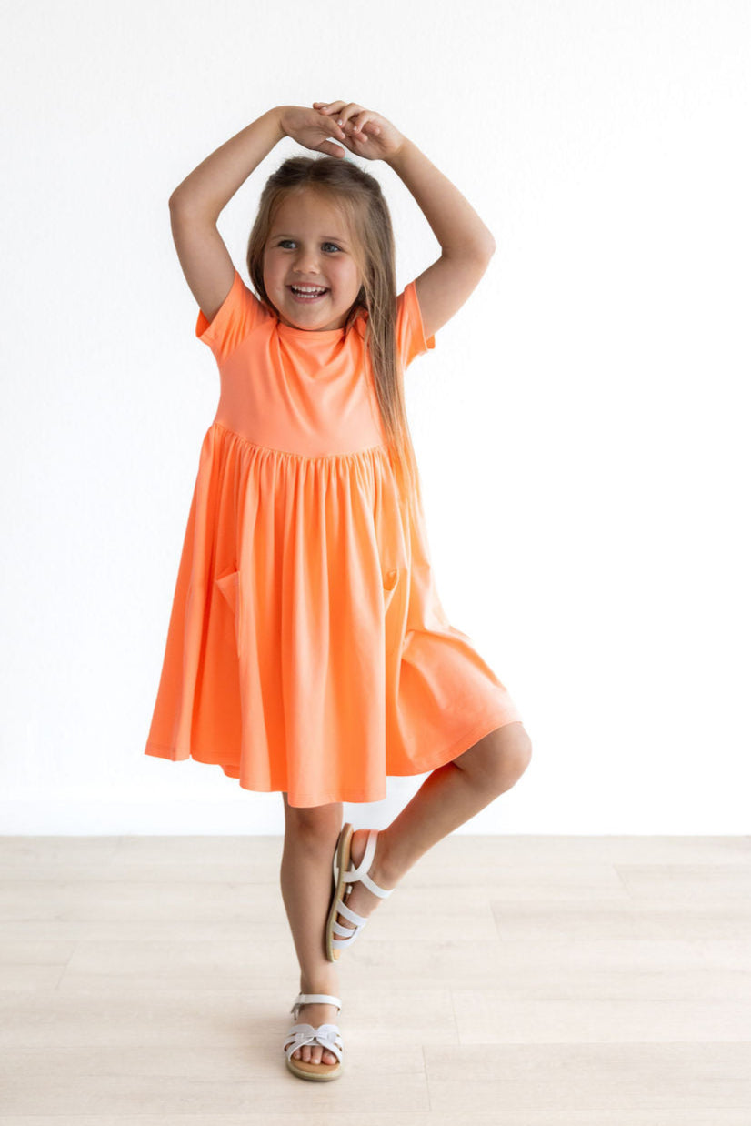 Neon Coral Short Sleeve Pocket Twirl Dress