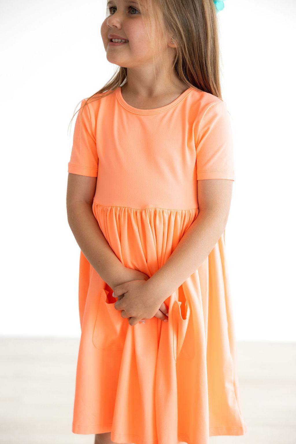 Neon Coral Short Sleeve Pocket Twirl Dress